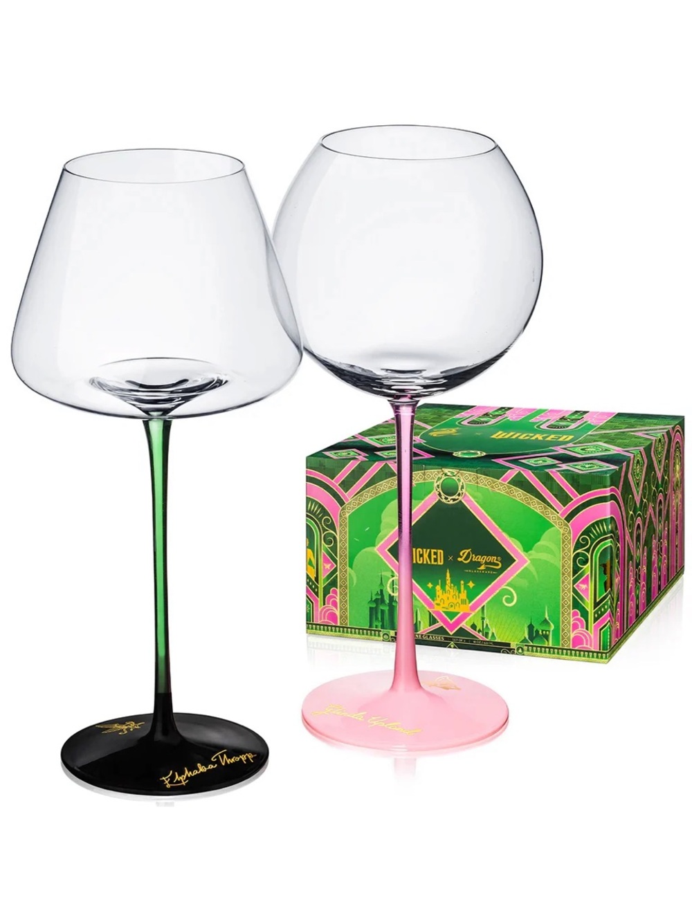 WICKED x DRAGON GLASSWARE Glinda Elphaba Wine Glasses Set of 2 NEW NIB